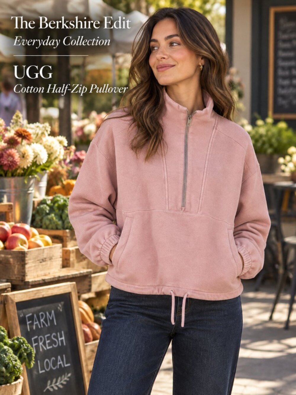 UGG Pink Cotton Half Zip Pullover XS Dusty Rose Drawstring Sweatshirt NWOT